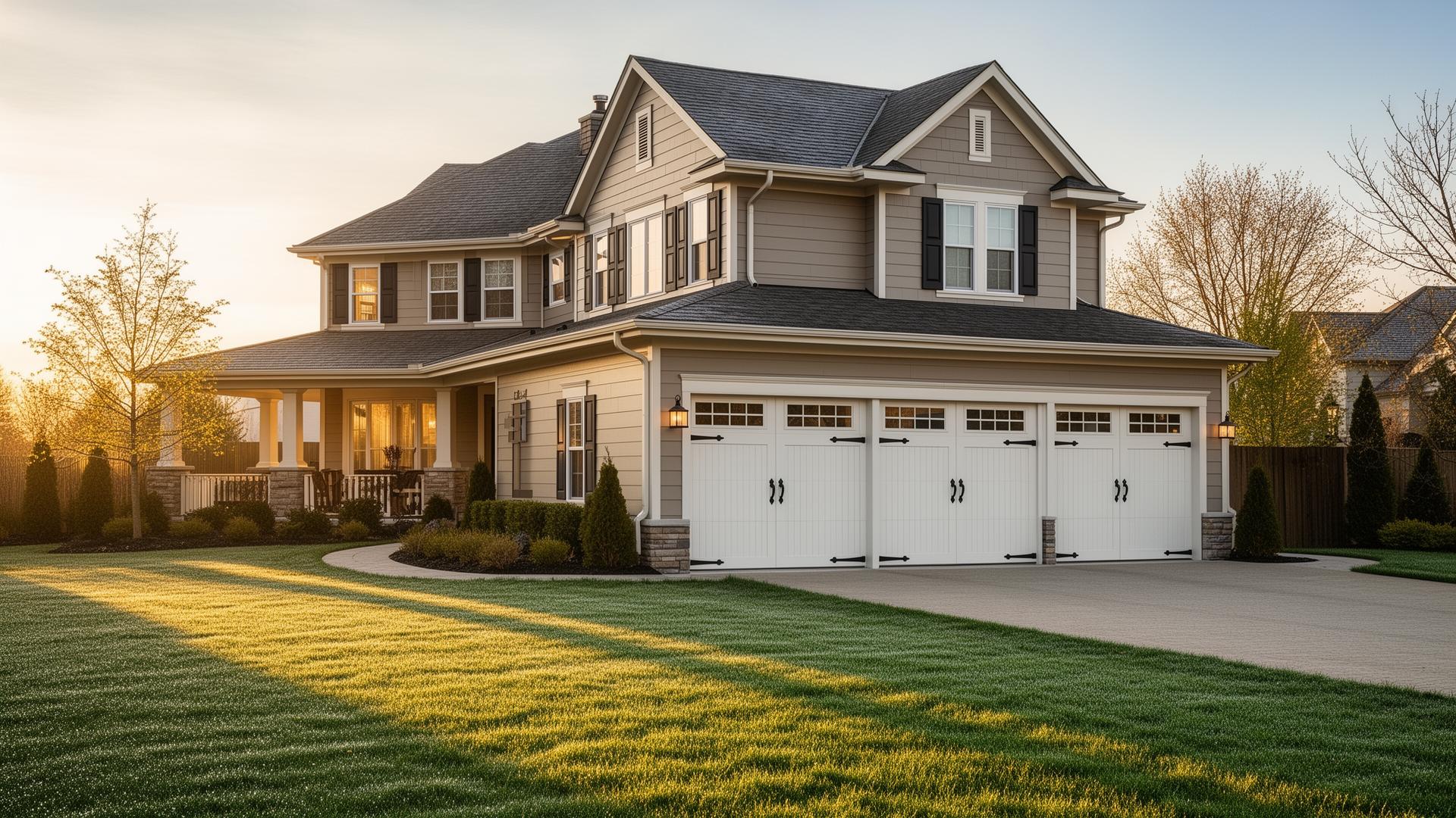Beautiful two-story home with carriage house garage doors featuring decorative black iron hardware